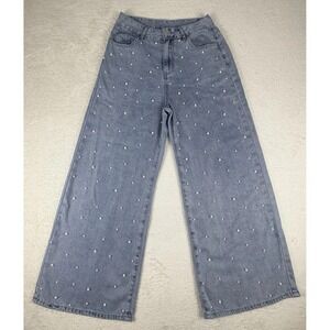 Yozy Blue Denim‎ Wide Leg Pearl Embellished Beaded Jeans Women's Size 6/M